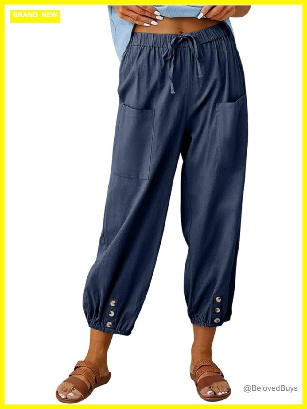 High Waisted Wide Leg Linen Capri Pants with Pockets Casual Summer